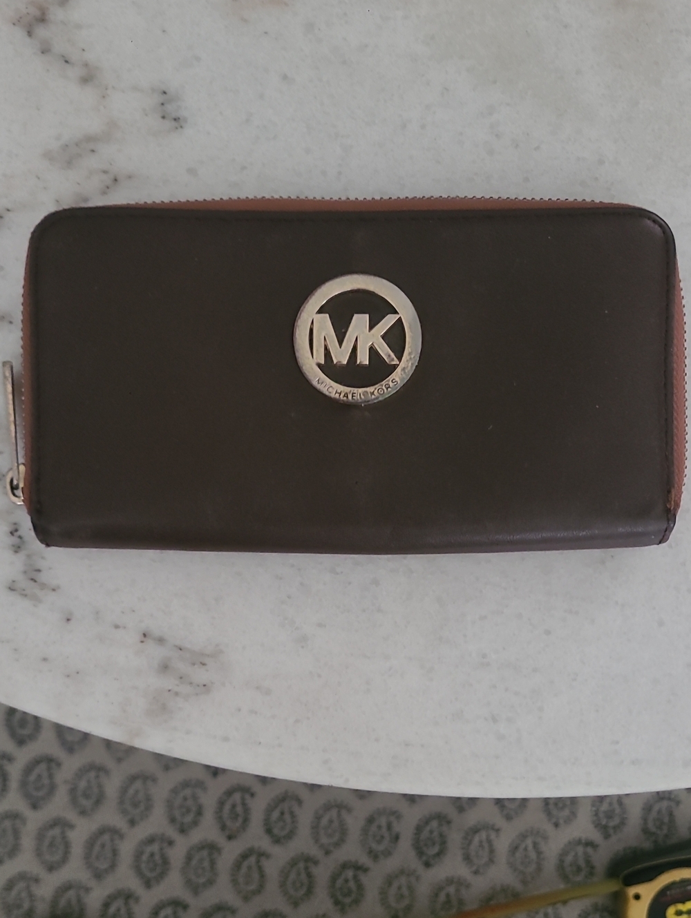 Michael Kors Dark Brown Zip-Around Wallet with Silver MK Emblem